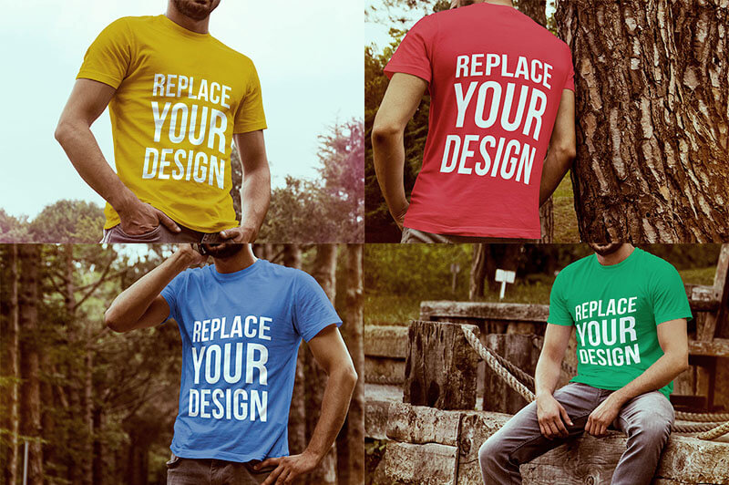 4 modelos de mock-up de t-shirt em cores variadas